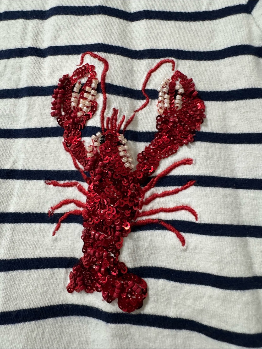 J. Crew White Navy Striped Tee with Red Sequin Embroidered Beaded Lobster - Picture 4 of 7